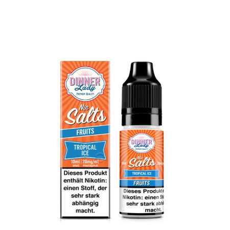 Dinner Lady Premium Liquid Tropical Ice, Tropische Früchte mit Ice Effekt Geschmack Bild der Verpackung und der Liquid Flasche 20 mg Nikotinsalz Dampfen
