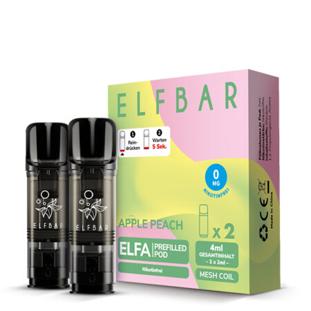 Elfbar Elfa Pod Apple Peach Nikotinfrei; Apfel Pfirsich Geschmack; Bild von Pods und Verpackung