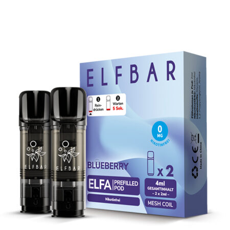 Elfbar Elfa Pod Blueberry Nikotinfrei; Blaubeere Geschmack; Bild der Verpackung und Pods