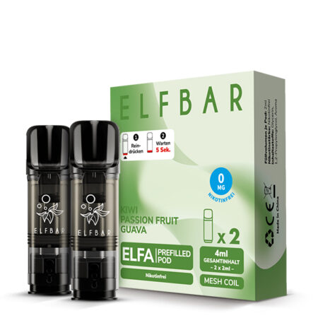 Elfbar Elfa Kiwi Passionfruit Guava Pods; Kiwi, Passionsfrucht und Guava Geschmack; Bild der Pods und Verpackung