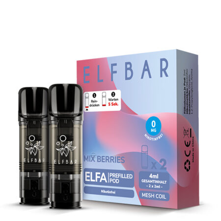 Elfbar Elfa Pod Mix Berries Nikotinfrei; Beerenmix Geschmack; Bild der Pods und der Verpackung