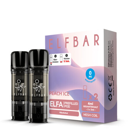 Elfbar Elfa Pod Peach Ice Nikotinfrei; Pfirsich Ice Geschmack; Bild der Pods und der Verpackung