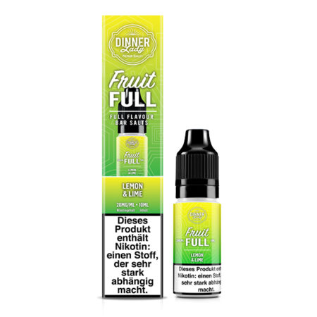Dinner Lady Premium Liquid Fruit Full Lemon Lime, Zitrone Limette Geschmack Bild der Verpackung und der Liquid Flasche 20 mg Nikotinsalz Dampfen