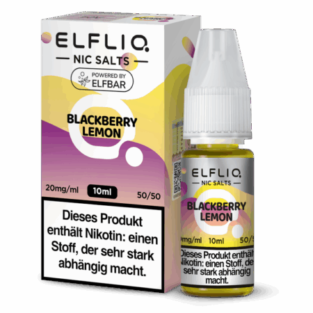 Elfbar Elfliq Blackberry Lemon Liquid 20mg; Bild der Flasche und der Verpackung; Geschmack Brombeeren und Zitrone