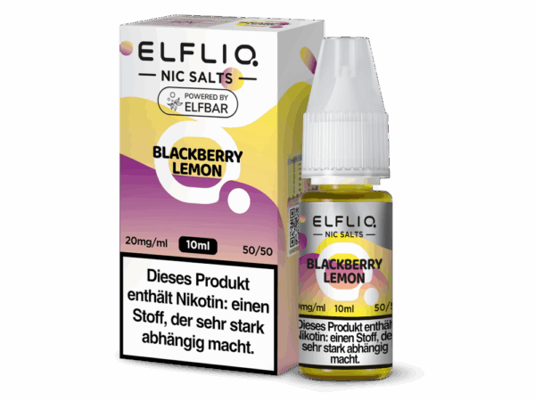 Elfbar Elfliq Blackberry Lemon Liquid 20mg; Bild der Flasche und der Verpackung; Geschmack Brombeeren und Zitrone