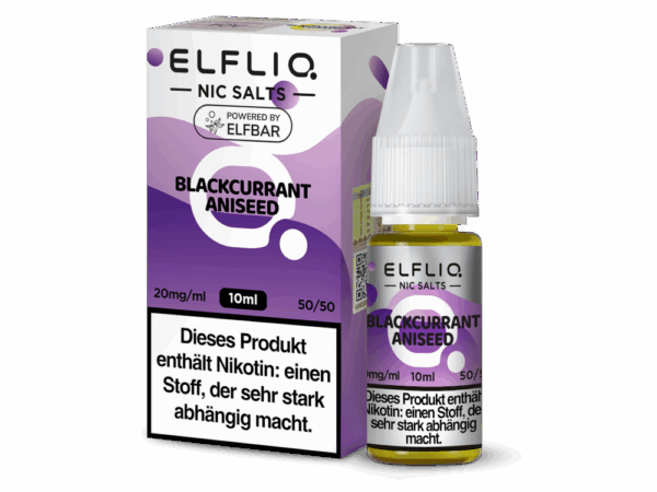 Elfbar Elfliq Blackcurrant Aniseed Liquid 20mg; Bild der Flasche und der Verpackung; Geschmack Johannisbeeren und Lakritz
