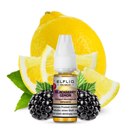 Elfbar Elfliq Blackberry Lemon Liquid 20mg; Bild der Flasche und Früchten; Geschmack Brombeeren und Zitronen
