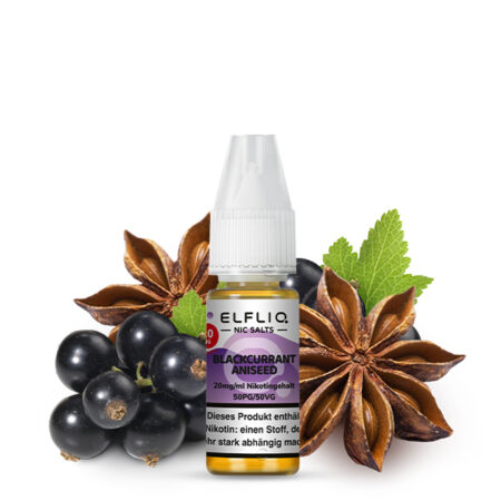 Elfbar Elfliq Blackcurrant Aniseed Liquid 20mg; Bild der Flasche und Früchten; Geschmack Johannisbeeren und Lakritze