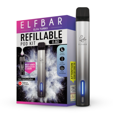 Elfbar Elfa Turbo Aurora-Black, Bild des Pods und der Verpackung
