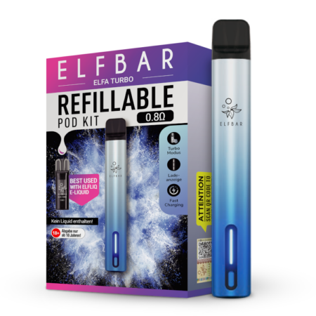 Elfbar Elfa Turbo Aurora-Cyan, Bild des Pods und der Verpackung