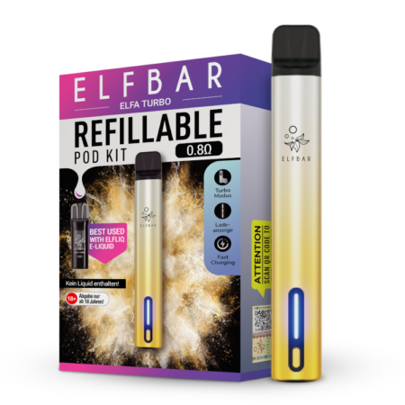 Elfbar Elfa Turbo Aurora-Gold, Bild des Pods und der Verpackung