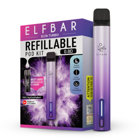 Elfbar Elfa Turbo Aurora-Purple, Bild des Pods und der Verpackung