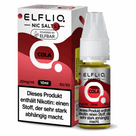 Elfbar Elfliq Cola Liquid 20mg; Bild der Flasche und der Verpackung; Geschmack Cola