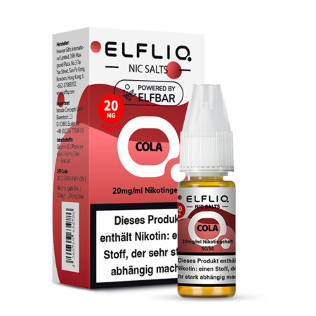 Elfbar Elfliq Cola Liquid 20mg; Bild der Flasche und der Verpackung; Geschmack Cola
