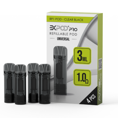 Expod Pro RP! Refillable Pods; Bild der Verpackung und von 4 Pods
