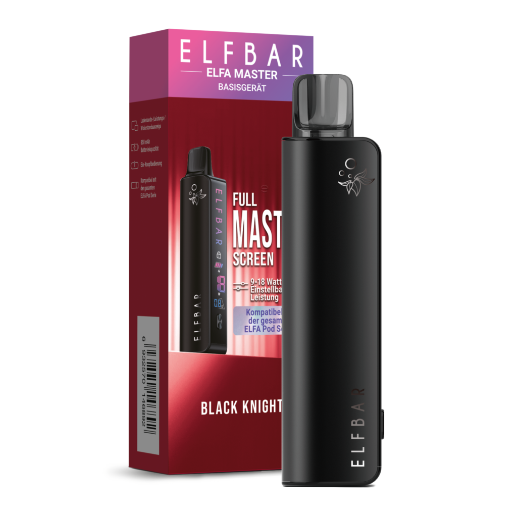 Elfbar Elfa Master Black-Night Basisgerät; Bild des Geräts mit Pod und der Verpackung