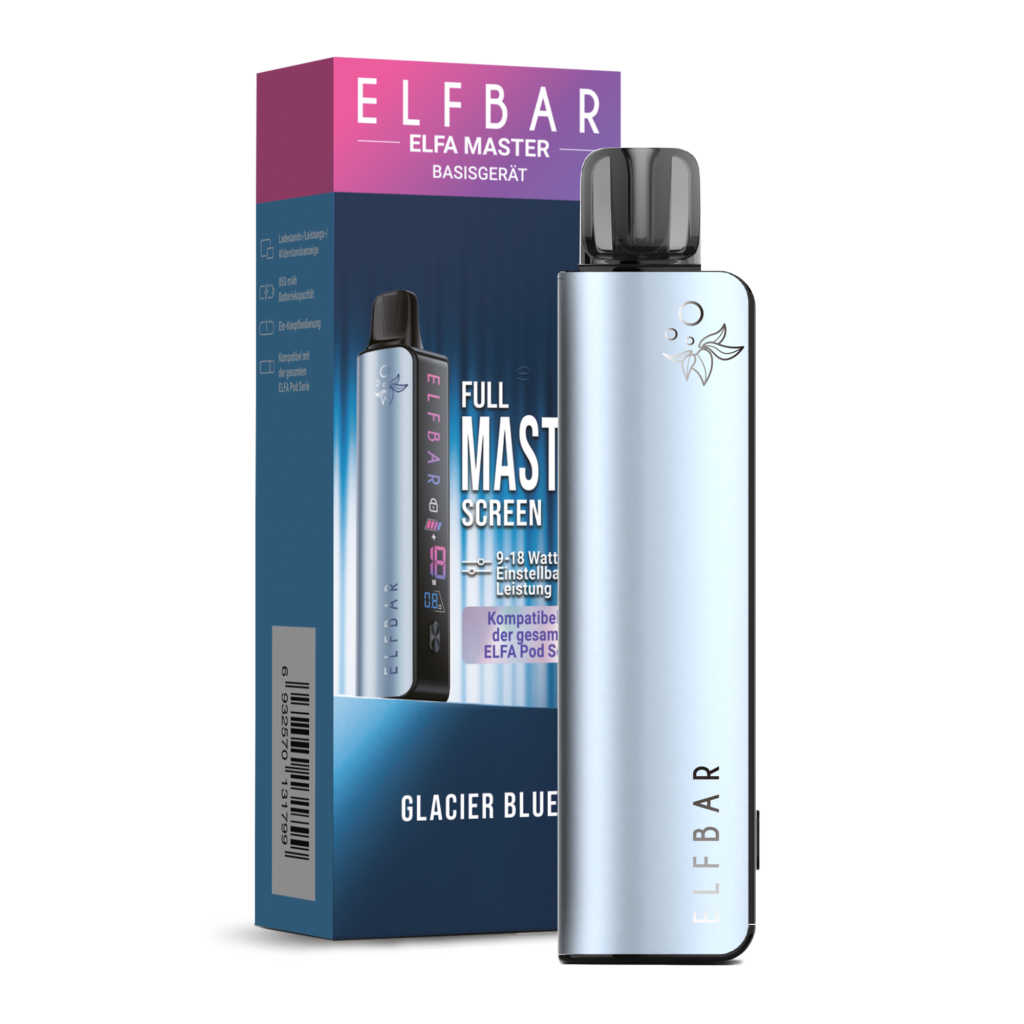 Elfbar Elfa Master Glacier-Blue Basisgerät; Bild des Geräts mit Pod und der Verpackung
