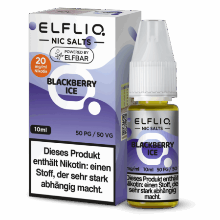 Elfbar Elfliq Blackberry Ice 20 mg Liquid; Bild der Flasche und Verpackung