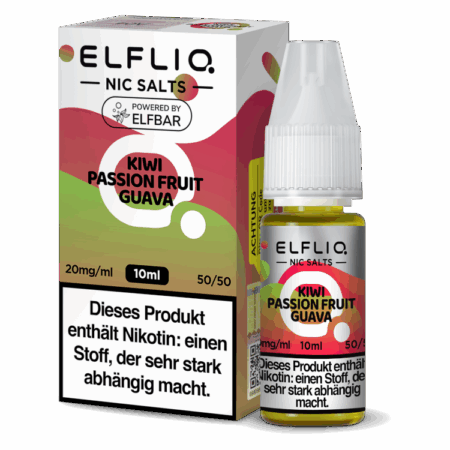 Elfbar Elfliq Kiwi Passion Fruit Guave 20mg Liquid; Bild der Verpackung und der Flasche