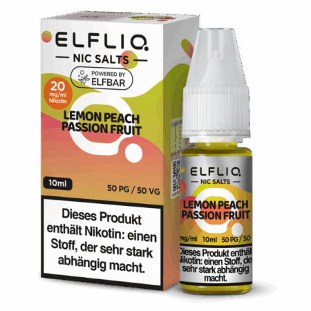 Elfbar Elfliq Lemon Peach Passion Fruit 20mg Liquid; Bild der Flasche und Verpackung