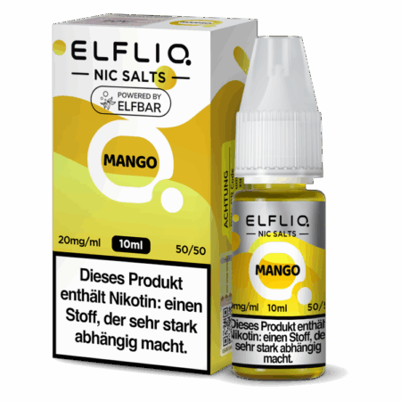 Elfbar Elfliq Mango 20mg Liquid; Bild der Flasche und Verpackung