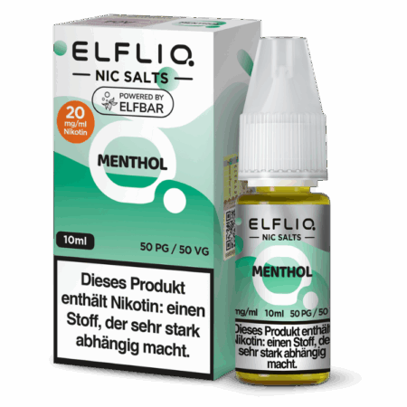 Elfbar Elfliq Menthol 20mg Liquid; Bild der Flasche und Verpackung
