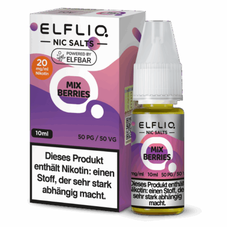 Elfbar Elfliq Mix Berries 20mg Liquid; Bild der Flasche und Verpackung