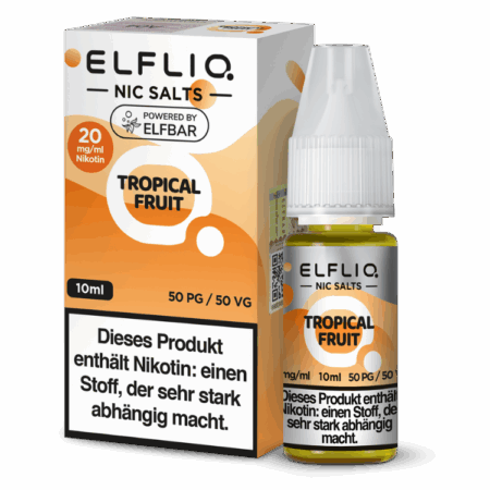 Elfbar Elfliq Tropical Fruit 20mg; Bild der Flasche und Verpackung