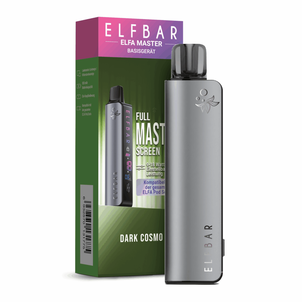 Elfbar Elfa Master Dark-Cosmo Basisgerät; Bild des Geräts mit Pod und der Verpackung