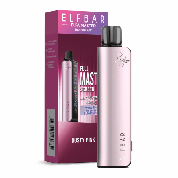 Elfbar Elfa Master Dusty-Pink Basisgerät; Bild des Geräts mit Pod und der Verpackung