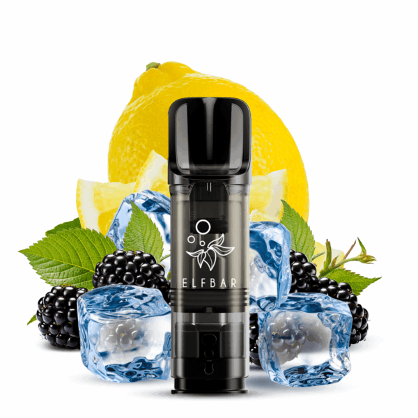 Elfbar Elfa Blackberry Lemon; Bild des Pods, Brombeeren, Zitronen und Eiswürfel