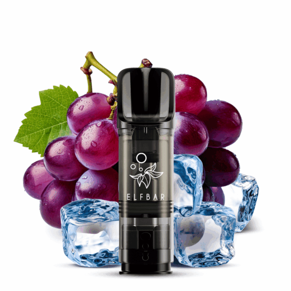 Elfbar Elfa Grape Ice; Bild des Pods, Weintrauben und Eiswürfel