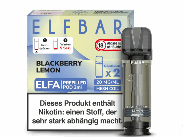 Elfbar Elfa Blackberry Lemon, Bild der Verpackung und eines Pods