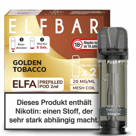 Elfbar Elfa Golden Tobacco; Bild der Verpackung und eines Pods.