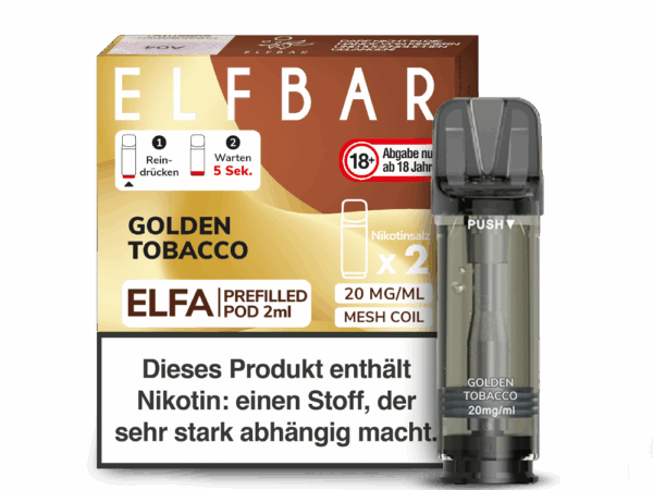 Elfbar Elfa Golden Tobacco; Bild der Verpackung und eines Pods.