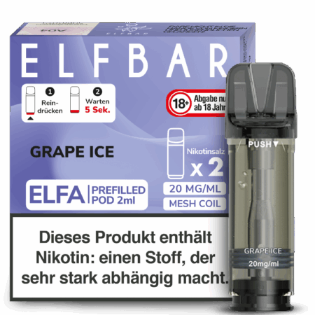 Elfbar Elfa Grape Ice; Bild der Verpackung und Pods