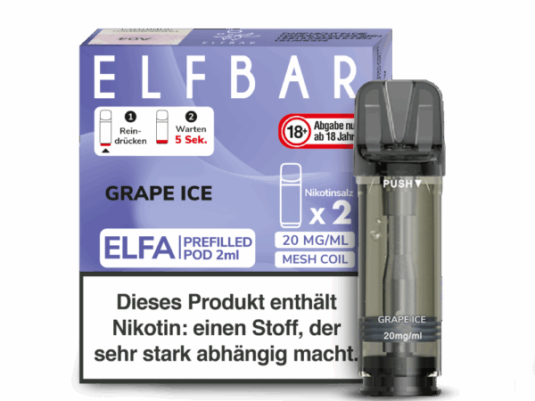 Elfbar Elfa Grape Ice; Bild der Verpackung und Pods