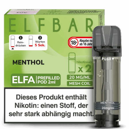 Elfbar Elfa Menthol Pods, Bild der Verpackung und eines Pods