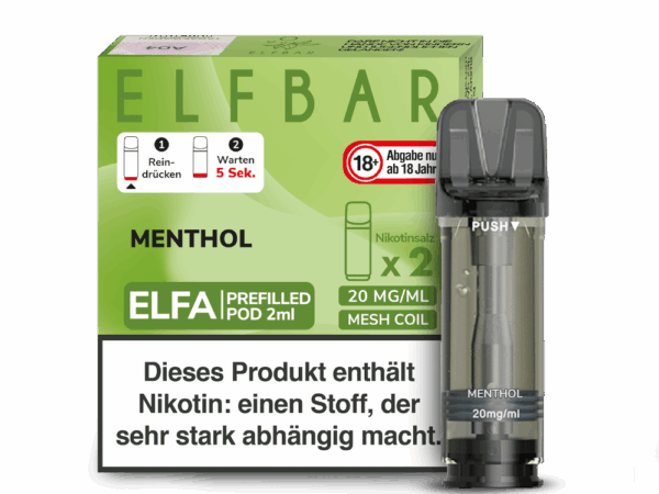 Elfbar Elfa Menthol Pods, Bild der Verpackung und eines Pods