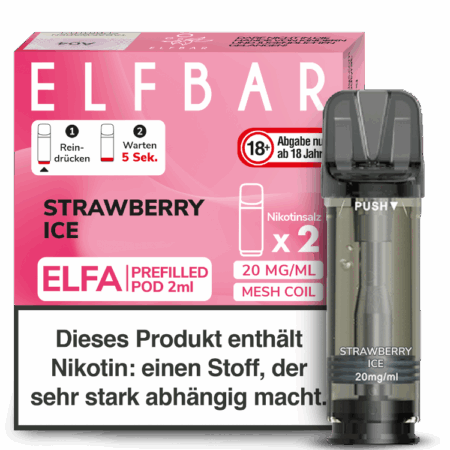 Elfbar Elfa Strawberry Ice Pods; Bild der Verpackung und eines Pods