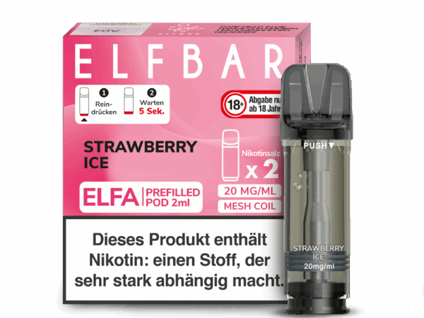 Elfbar Elfa Strawberry Ice Pods; Bild der Verpackung und eines Pods