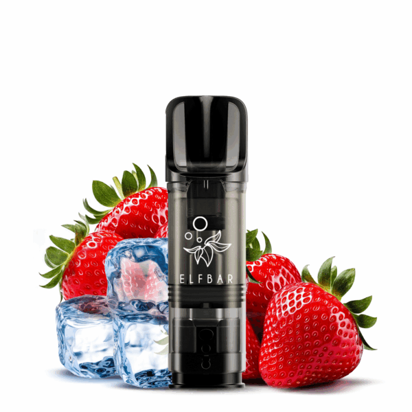 Elfbar Elfa Strawberry Ice, Bild eines Pods, Erdbeeren und Eiswürfel