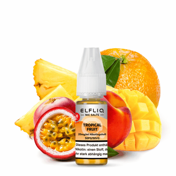 Elfbar Elfliq Tropical Fruit 20mg Liquid; Bild der Flasche und tropischen Früchten