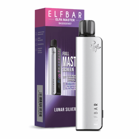 Elfbar Elfa Master Lunar-Silver Basisgerät; Bild des Geräts mit Pod und der Verpackung