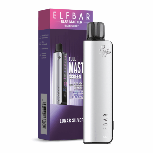 Elfbar Elfa Master Lunar-Silver Basisgerät; Bild des Geräts mit Pod und der Verpackung