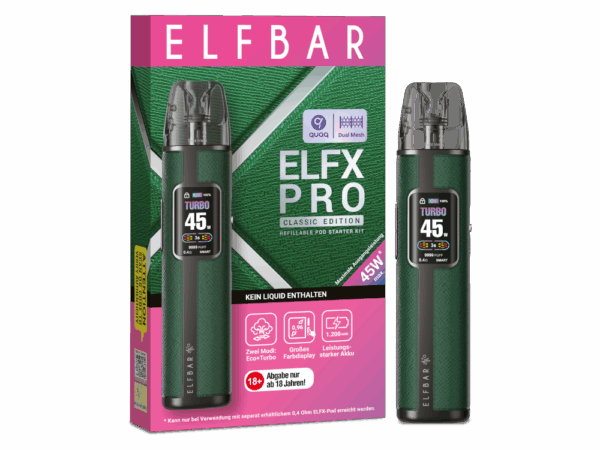 Elfbar Elfx Pro Forest E-Zigarette; Bild der Vape und der Verpackung