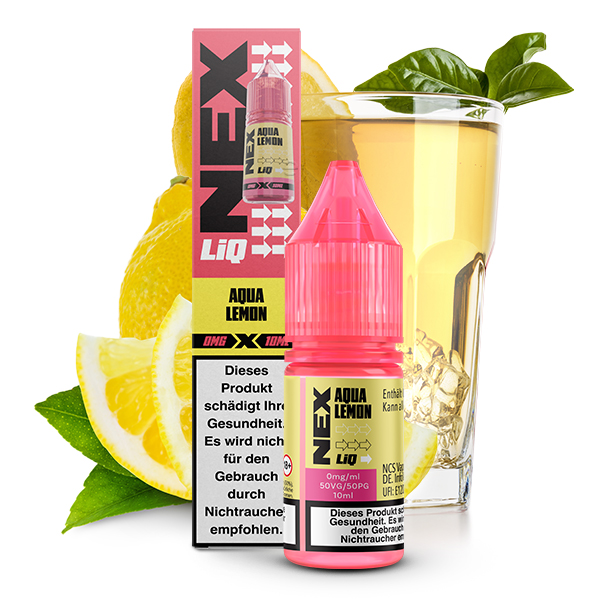 POD SALT NexLiq Aqua Lemon Liquid; Geschmack Zitrone süß; Bild des Liquid, der Verpackung, Zitronen und eines Glas Limo