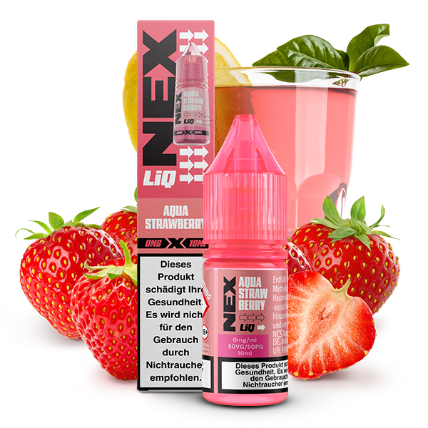 POD SALT NexLiq Aqua Strawberry Liquid; Geschmack Erdbeere; Bild des Liquid, der Verpackung, Erdbeeren und eines Glas Limo
