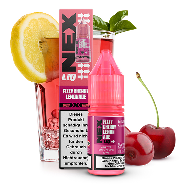 POD SALT NexLiq Fizzy Cherry Lemonade Liquid; Geschmack Kirsch, Limonade und Fizz; Bild des Liquid, der Verpackung, Kirsche und Glas mit Limo