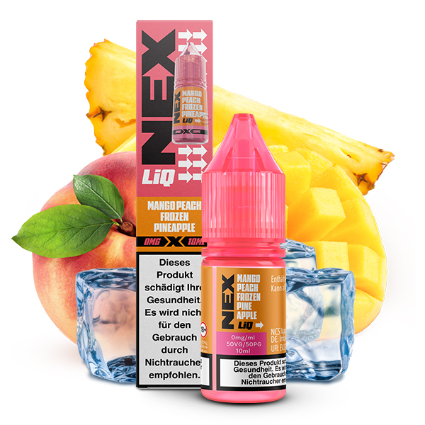 POD SALT NexLiq Mango Peach Frozen-Pineapple Liquid; Geschmack Mango, Pfirsich & gefrorene Ananas; Bild des Liquid, der Verpackung, Ananas, Pfirsich und Eiswürfel